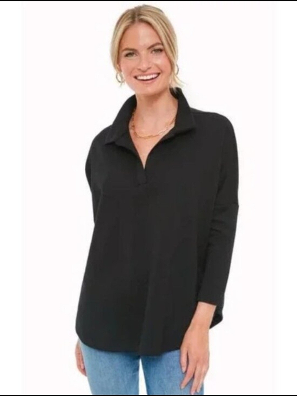 Tuckernuck Pomander Place Black Long-Sleeve Open Collar Top